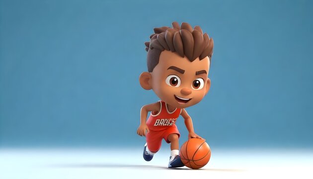 young basketball player boy running and dribbling while training, basketball success and championship in cartoon style wide banner with copy space area
