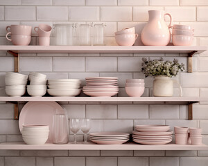 Fototapeta na wymiar White kitchen. Shelves with pink crockery and kitchen utensils.