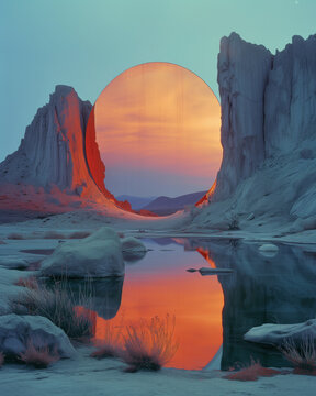Surreal desert sunset with circular portal. Conceptual image of a desert landscape with a massive circular sunset portal reflecting in water. 