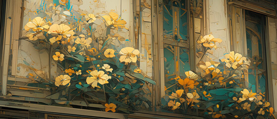 a painting of yellow flowers on a window sill