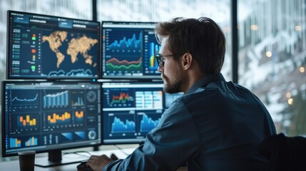 Male data analyst looking at a bunch of data Visualisation and various type of graphs on computer screens. Generative AI.