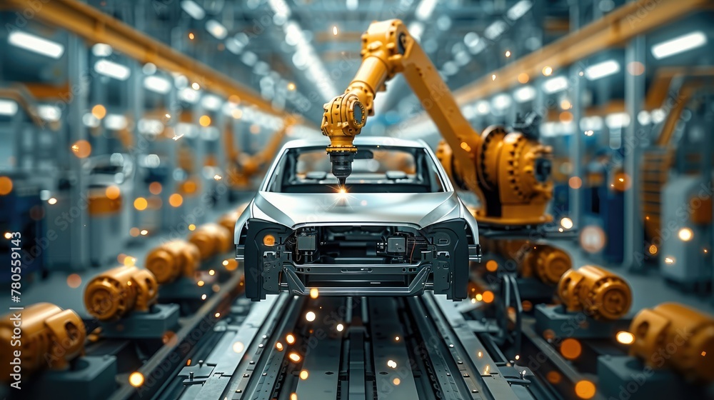 Aufkleber Industrial robot arm assembling a car part in a factory, soft focus on the robot. Generative AI.