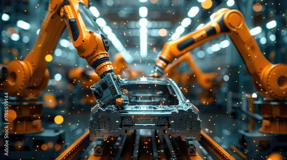 Aufkleber Industrial robot arm assembling a car part in a factory, soft focus on the robot. Generative AI.