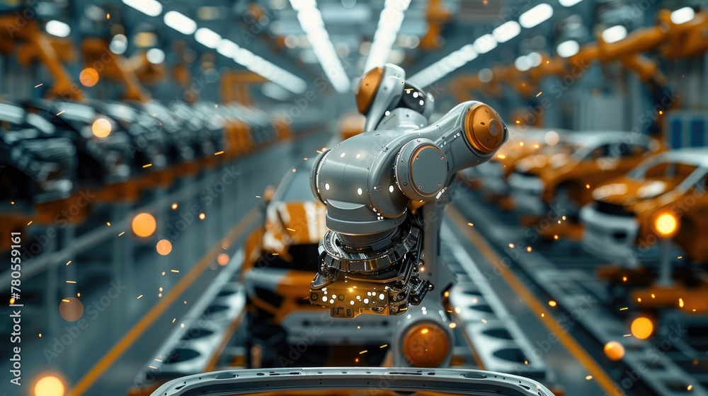 Poster Industrial robot arm assembling a car part in a factory, soft focus on the robot. Generative AI.