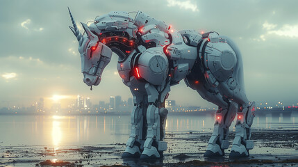 Big unicorn robot By the city river