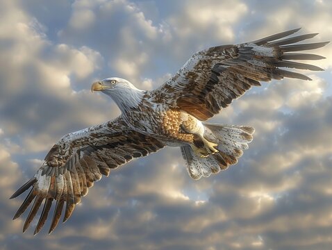 Eagle in flight, piercing stare, cloud-streaked sky, AI-rendered, dynamic angle