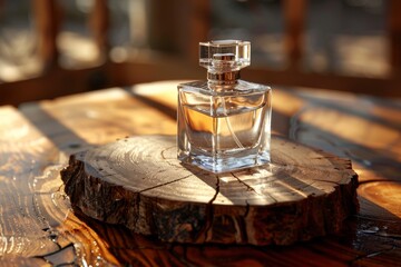 Elegant perfume bottle illuminated by golden sunlight on a textured wooden surface