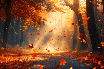 Zelfklevend Fotobehang Enchanting Autumn Forest at Sunrise with Falling Leaves © smth.design