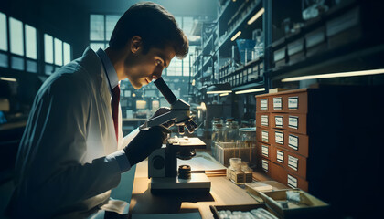 scientist adjusting the focus on a microscope slide, laboratory setting - obrazy, fototapety, plakaty