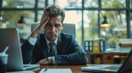 Tired man in suit staring into the laptop holding his head sitting in his chair behind a large desk with a notebook on it in a modern office. Generative AI.