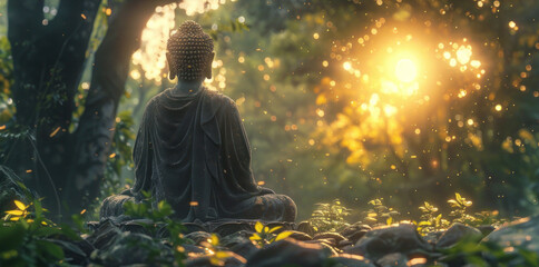 Buddha statue in the forest among stones and greenery on a sunny beautiful day, banner