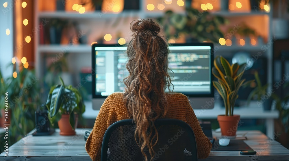 Poster Female computer programmer working on screens, sitting at desk in start up office. Generative AI.
