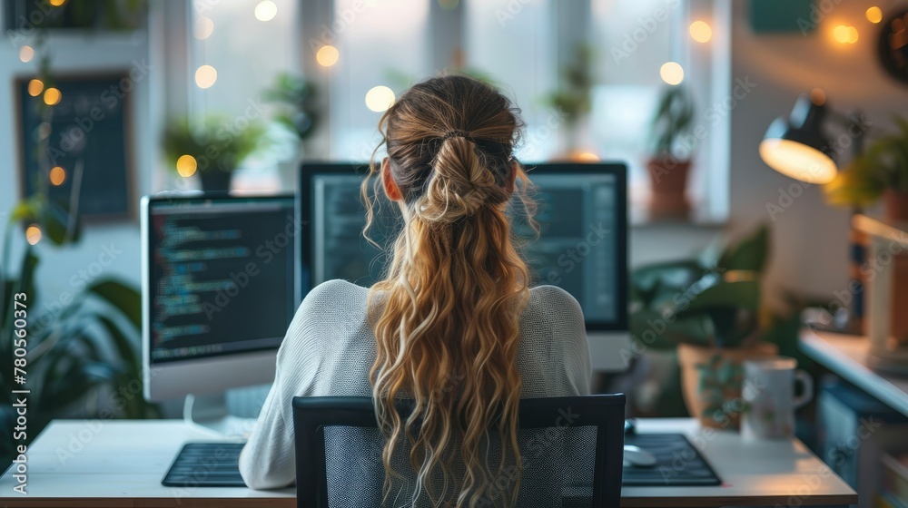 Leinwandbilder Female computer programmer working on screens, sitting at desk in start up office. Generative AI.