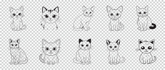 Cat icon symbol set, vector illustrations on transparent background