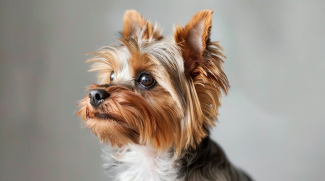 Portrait of a cute Yorkshire Terrier dog with attentive gaze and furry details