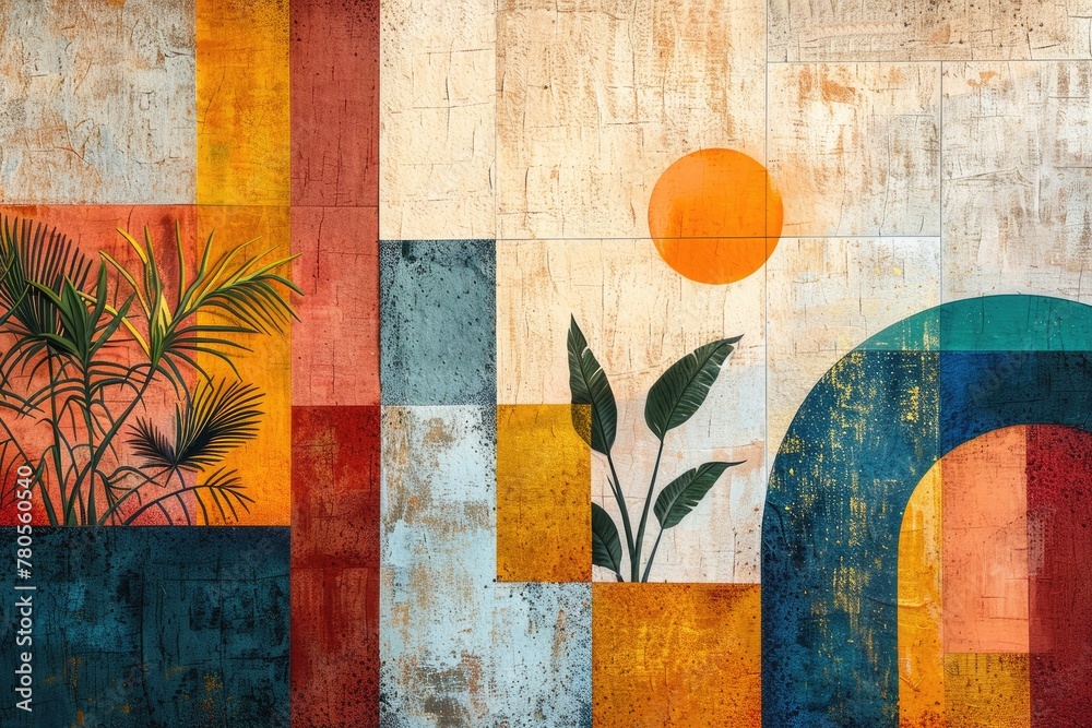 Poster This mural showcases an abstract geometric design with bold colors and textured surfaces, evoking different feelings