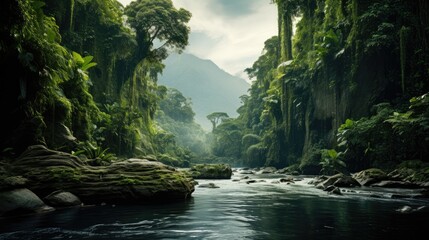 Serene river meandering through a dense tropical forest