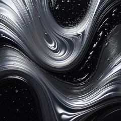 Silver oil paint flows on a black canvas. splashes, shining glitter