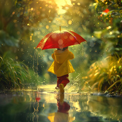 enfant jouant sous la pluie