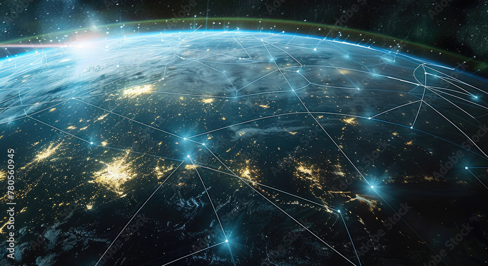 Poster The internet networking grid on a global scale from space. Generative AI.