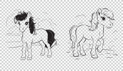 Pony icon symbol set for kids coloring page, vector illustrations on transparent background
