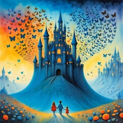 Storybook Illustration of Children Journeying to a Fairytale Blue Castle
