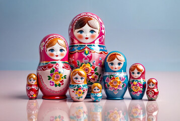 A collection of Russian nesting dolls or Matryoshka painted doll of varying sizes and colors