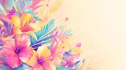 Beautiful artistic background with watercolor textured hibiscus tropical flowers illustration over white background. Copy space for text. Summer template. - obrazy, fototapety, plakaty