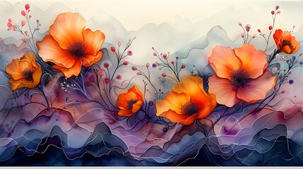 A watercolor painting of Art Nouveau-inspired flora, featuring flowing plants and flowers that seem to move and grow across the canvas.