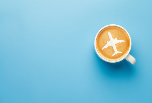 Draufsicht, Wei&szlig;e Tasse mit Kaffe und Flugzeug Latte Art im Milchschaum isoliert auf blauem Hintergrund - Konzept f&uuml;r entspanntes Reisen, Reiselust
