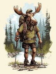 Fototapeta na wymiar A whimsical depiction of a moose dressed in hiking gear, suggesting adventure and exploration in nature