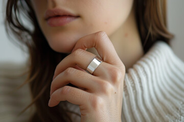 Naklejka premium Technology concept - beautiful woman wears a smart ring for better health tracking