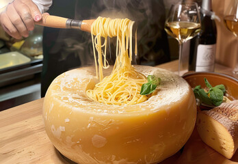 Cheese Wheel Spaghetti Pasta Cooked inside a giant Parmesan