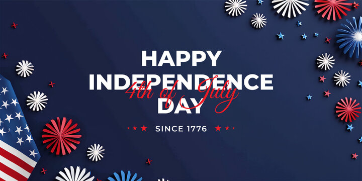 Happy Independence Day, 4th of July, Freedom celebrating banner, Background with American flag, stars and fireworks, empty copy space, red, blue, white. Holiday concept for US National Day, Labor Day