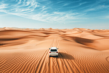 car driving along the road through the desert, top view
