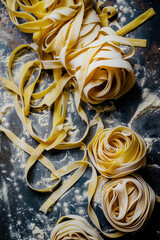 Raw Nest of fresh linguine pasta homemade, top view