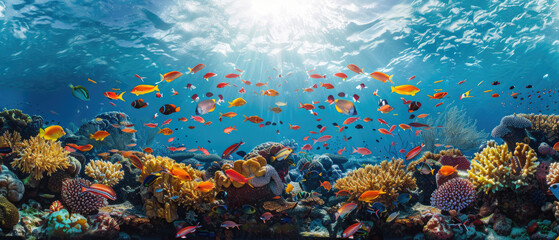 Fototapeta na wymiar In the crystal clear blue sea, colorful fish swim around coral reefs, creating an underwater world of beauty and tranquility