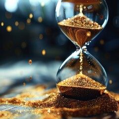A photorealistic close-up image depicting an hourglass with sands nearly depleted, conveying the passage of time and the imminent conclusion of an interval. - obrazy, fototapety, plakaty