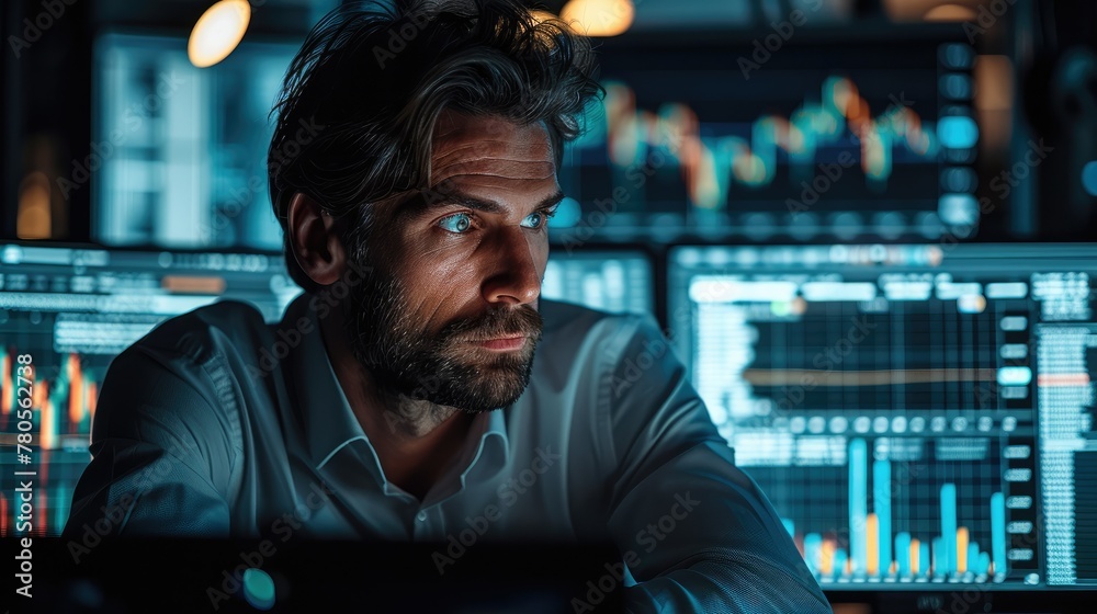 Aufkleber investor sitting in the dark behind the desk and watching the graph on screen. generative ai.