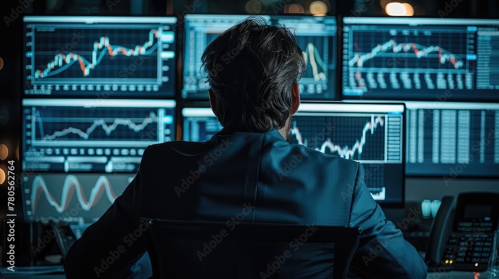 Aufkleber Investor sitting in the dark behind the desk and watching the graph on screen. Generative AI.