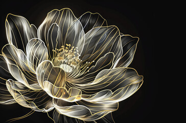 A white flower with gold outline on black background, a large one in the center and smaller flowers around it