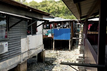 View of dwellings in Sim Sim water village Sandakan and Sulu Sea. Sabah. Borneo island. Malaysia....