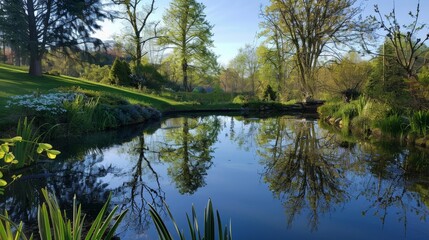 Fototapeta na wymiar A serene pond reflecting the clear blue sky and surrounding foliage a moment of peace in the early spring garden