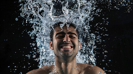 Fototapeta na wymiar a full body view of male model, jumped in clear water