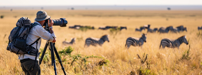 A wildlife photographer is taking pictures of zebras and antelope in the Serengeti, holding an enormous telephoto lens camera on his tripod.