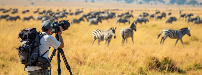 A wildlife photographer is taking pictures of zebras and antelope in the Serengeti, holding an...
