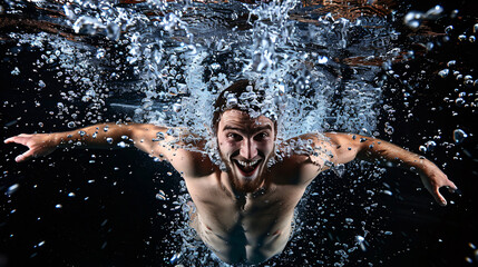 a full body view of male model, jumped in clear water