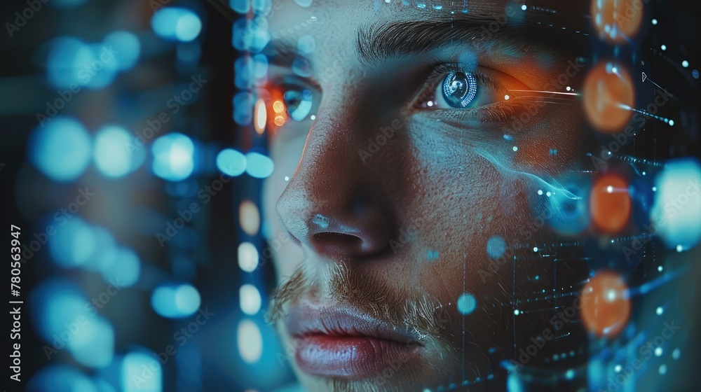 Aufkleber information technology with holographic with man. generative ai.
