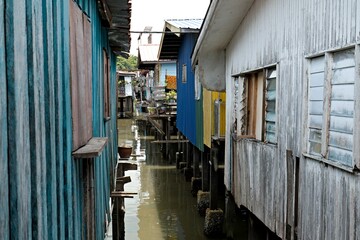 View of dwellings in Sim Sim water village Sandakan and Sulu Sea. Sabah. Borneo island. Malaysia....