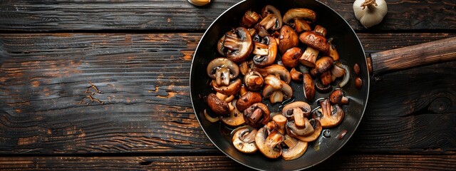 Roasted mushrooms with onion in frying pan on a dark wooden background. Top view. copy space